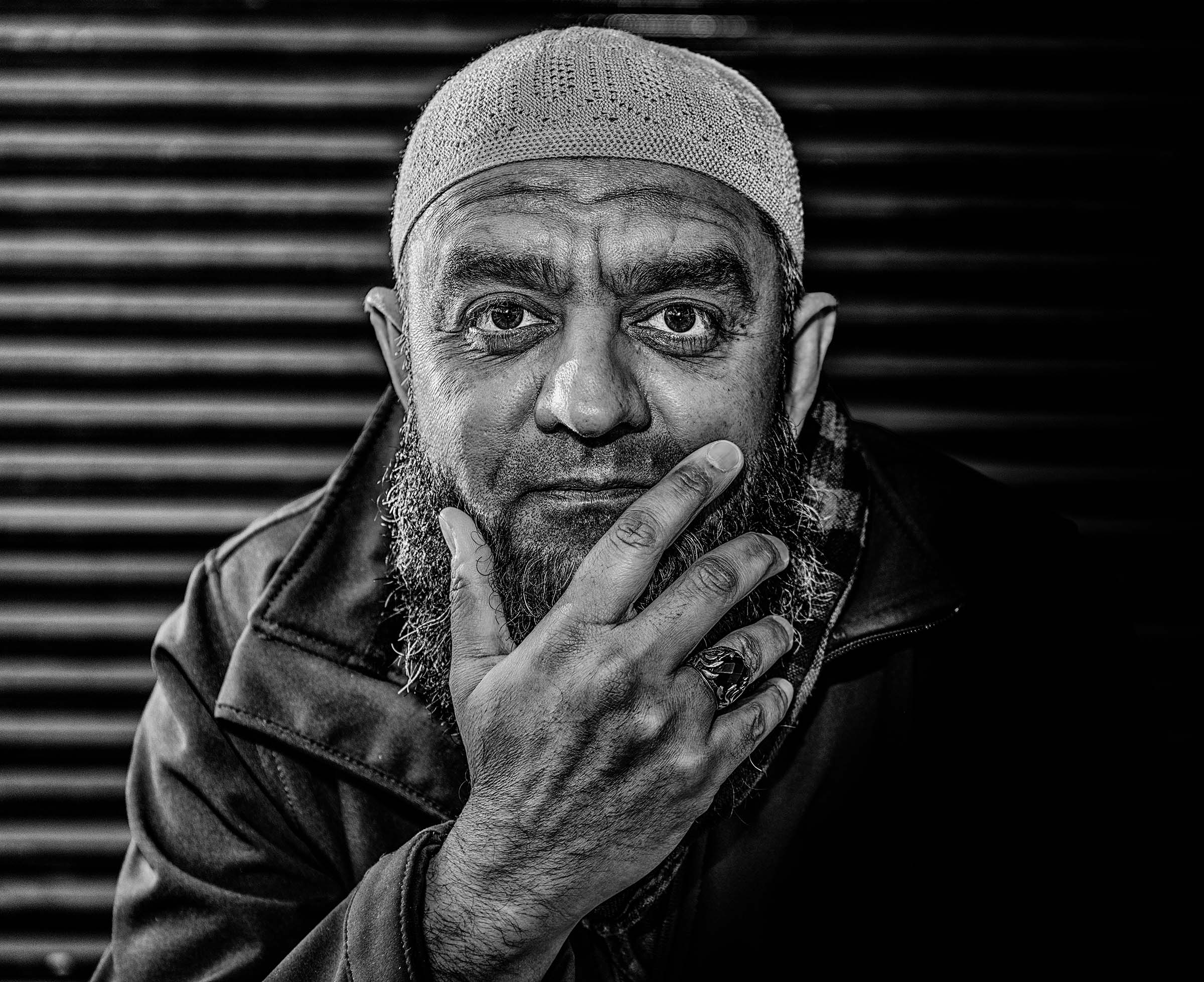 Expressive black-and-white portrait of a man